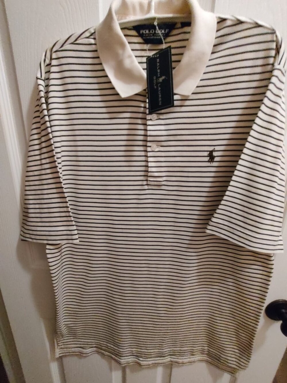 POLO GOLF RALPH LAUREN POLO SHIRT PIMA COTTON IVORY NAVY STRIPE 3-BUTTON MEDIUM